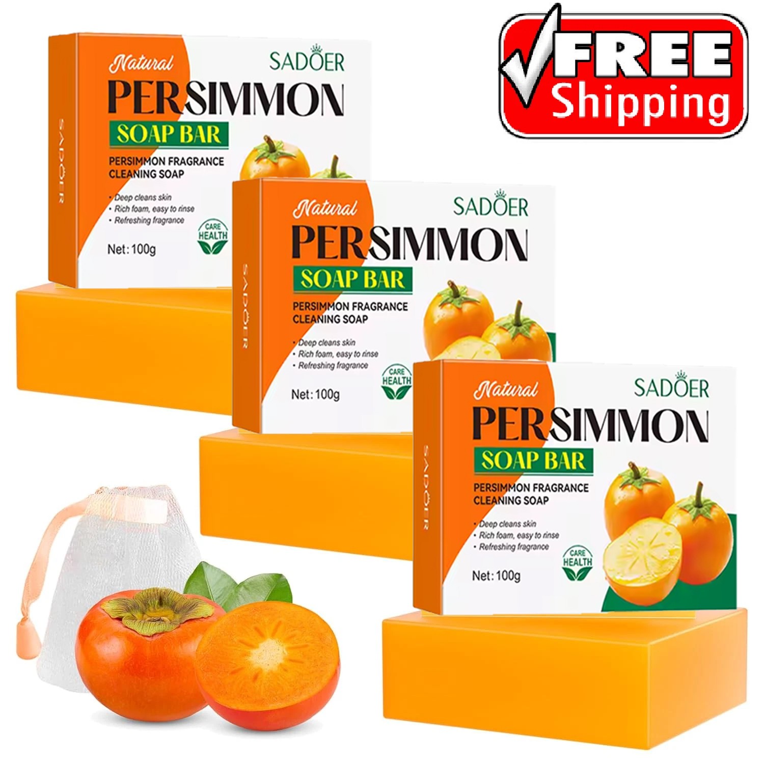 3PCS Persimmon Soap for Old People Smell, Organic Deodorant Bath Bar Body Odor