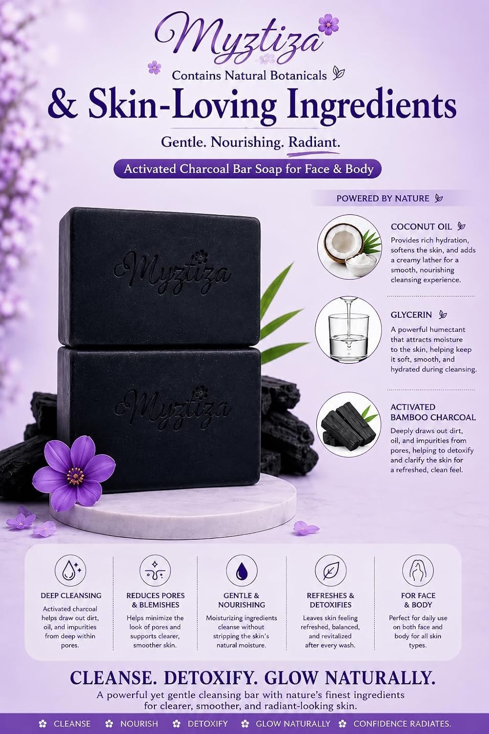 Myztiza Activated Charcoal Bar Soap for Face & Body – 2 Pack 135g Each