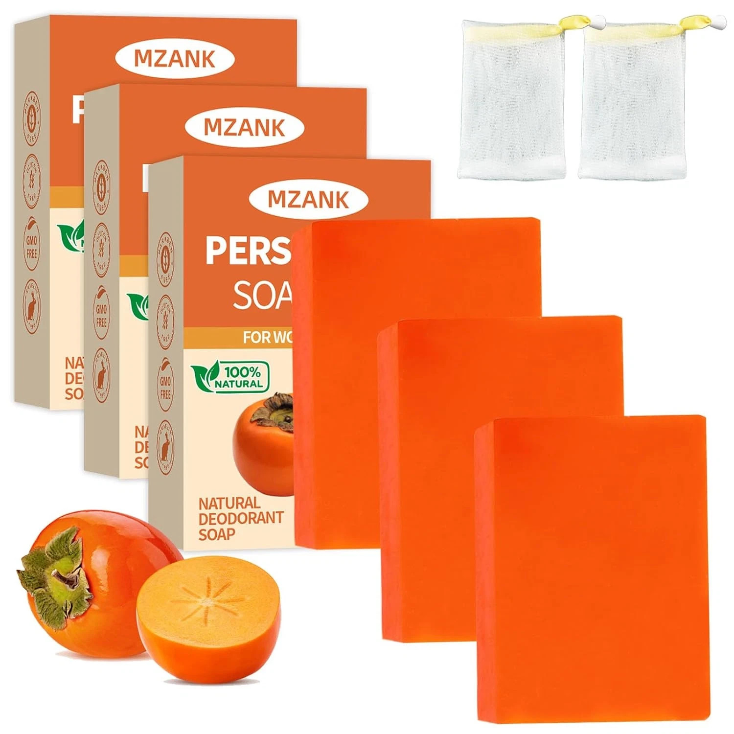 3 Pack Persimmon Soap Bar Natural Deodorant Body Face Soap Odor Control All Skin
