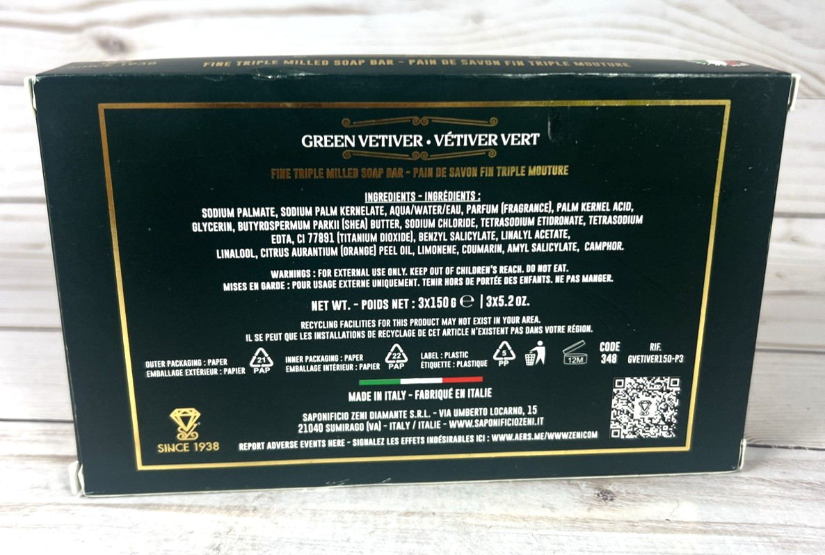 Zeni Green Vetiver Triple Milled Soap Bars 3x 5.2oz Italian