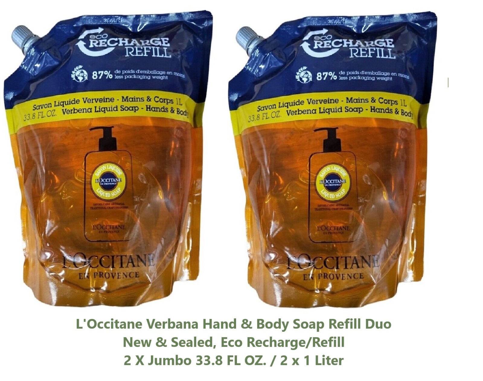 2 PC L’Occitane VERBANA Liquid Soap Hands & Body Refill JUMBO 2 X 33.8 oz SEALED