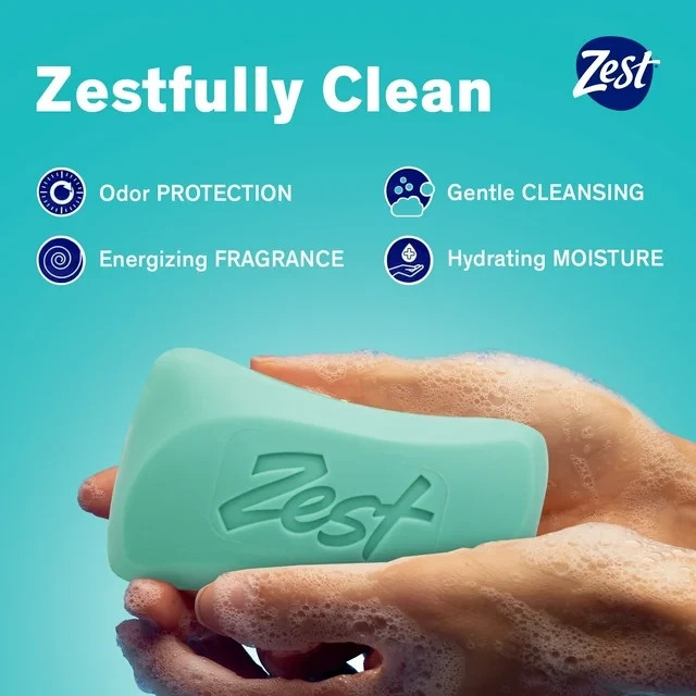Zest Deodorant Bar Soap, Hydrating Moisture for All Skin Types, Aqua, 4 oz 8 Bar