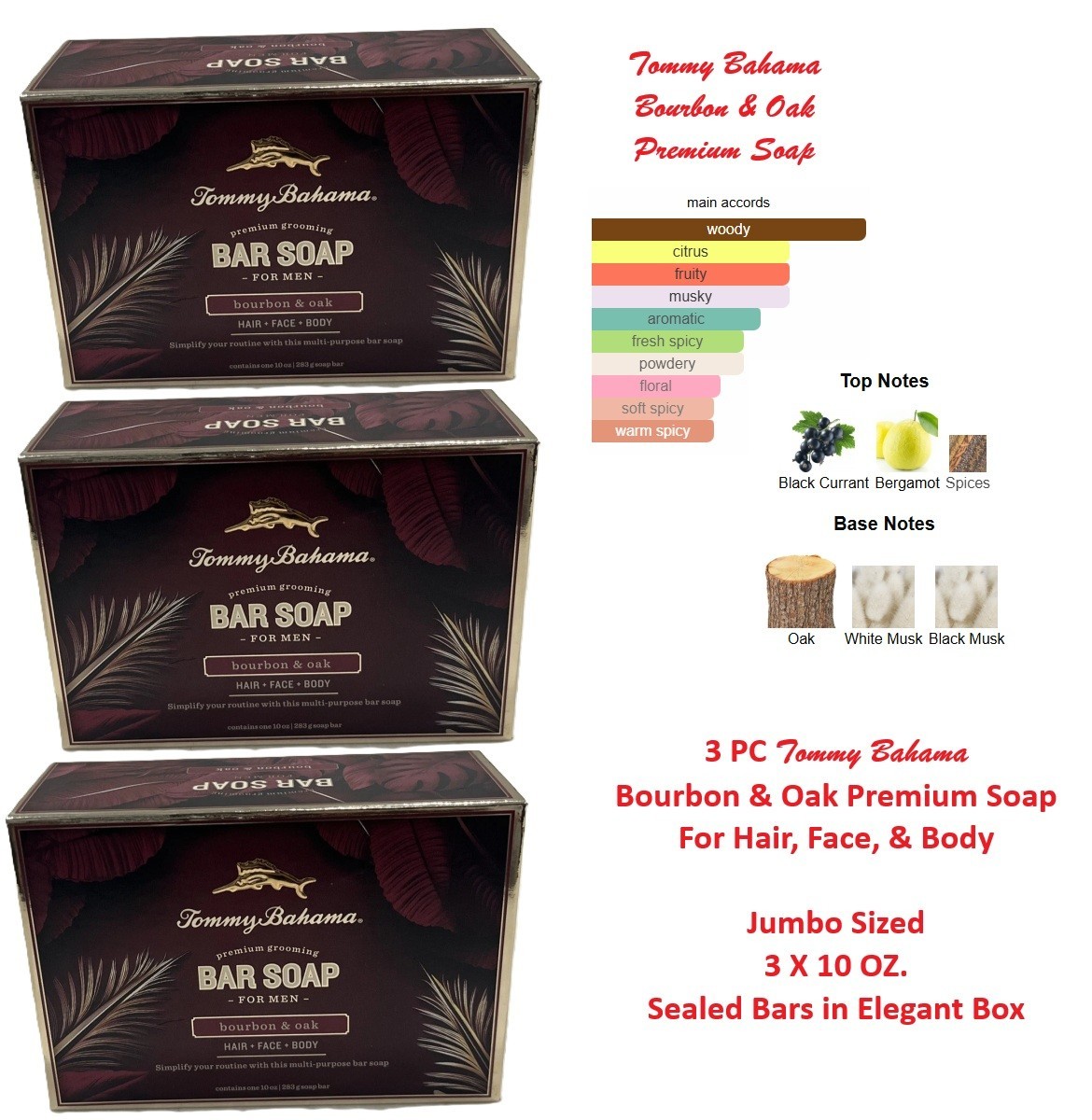 3 PC Tommy Bahama BOURBON SOAP Men’s Hair Face Body Bar Jumbo Size 3 X 10 OZ NIB