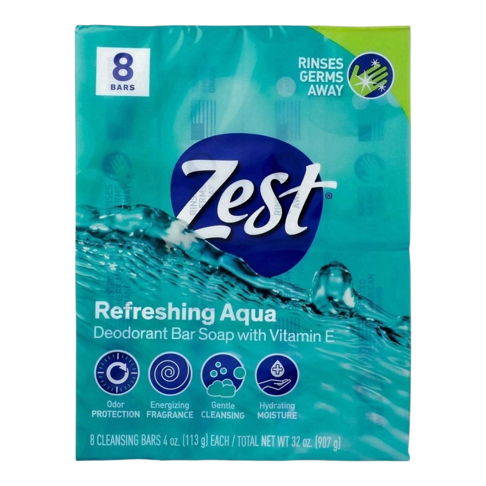 Zest Deodorant Bar Soap, Hydrating Moisture, Aqua, 4 oz, 8 Bars,