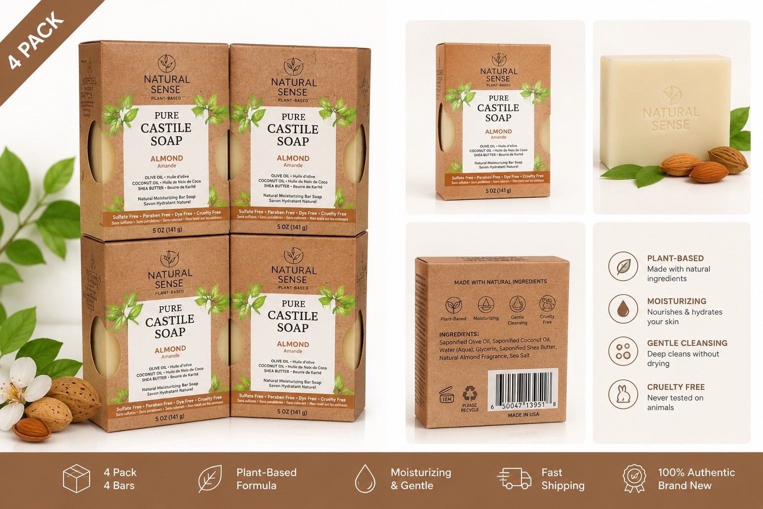 Natural Sense Pure Castile Almond Bar Soap 5 Oz Plant Based 4 Pack