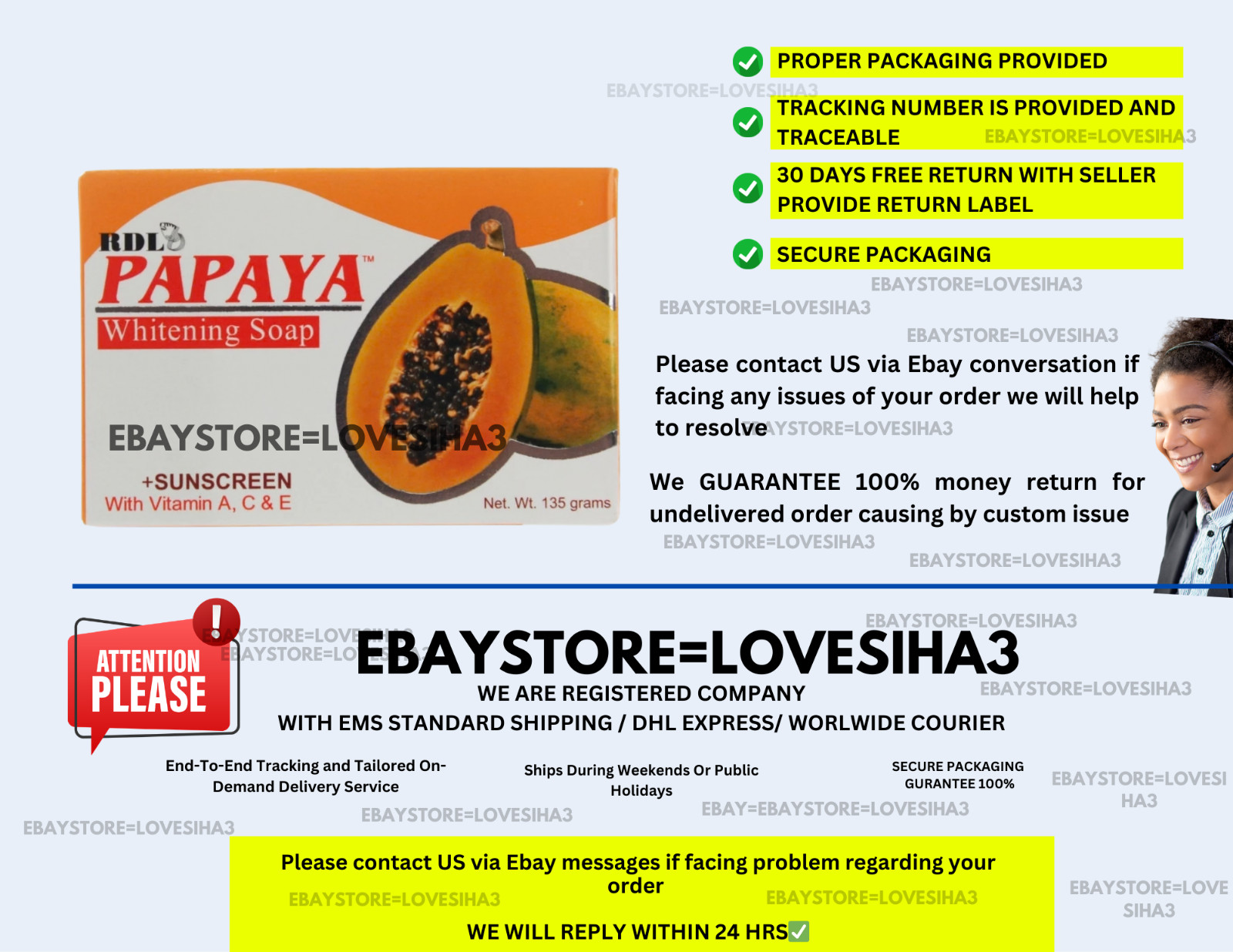 RDL Papaya Whitening Soap Sunscreen With Vitamin A C & E 135g ( X 3 )