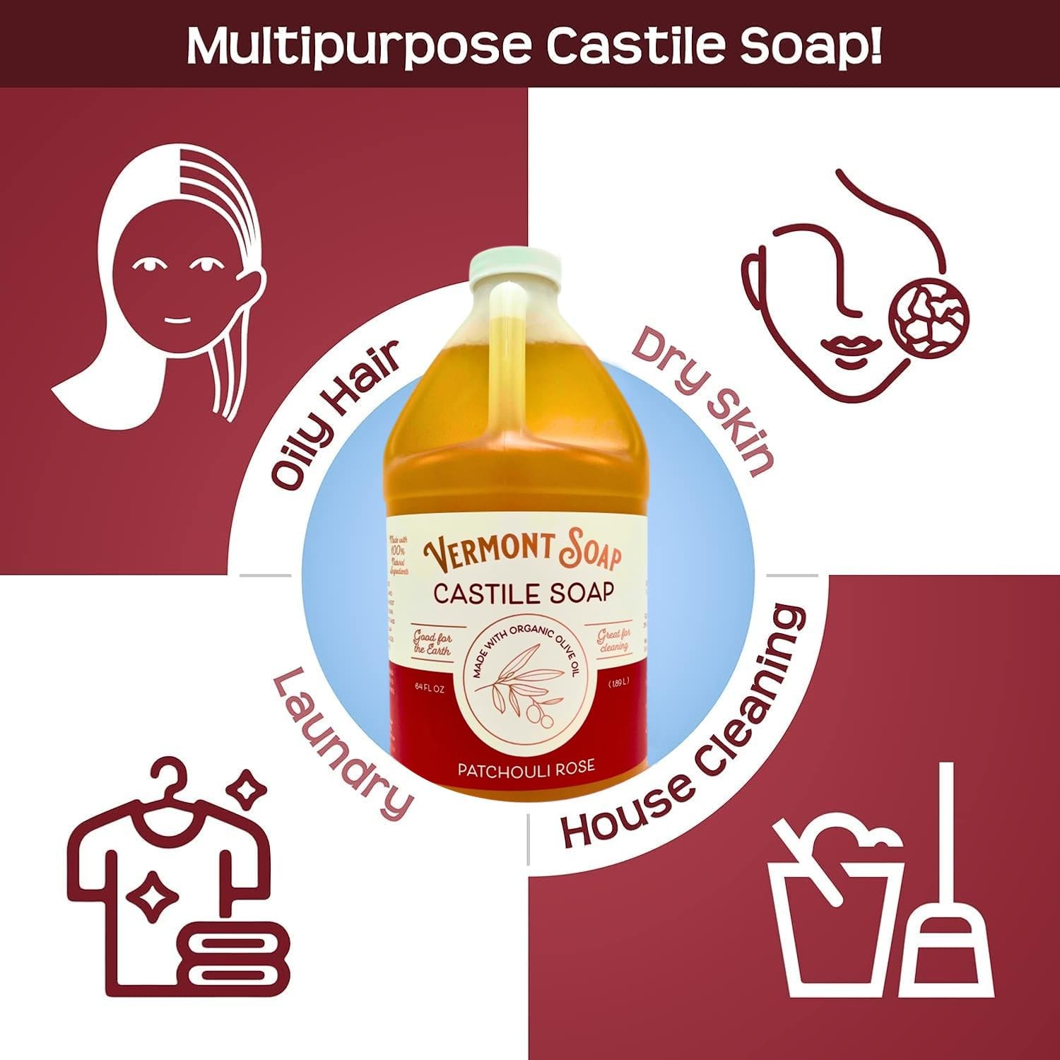Castile Soap Patchouli Rose 64 Oz Sensitive Skin Oily Hair For Men & Women