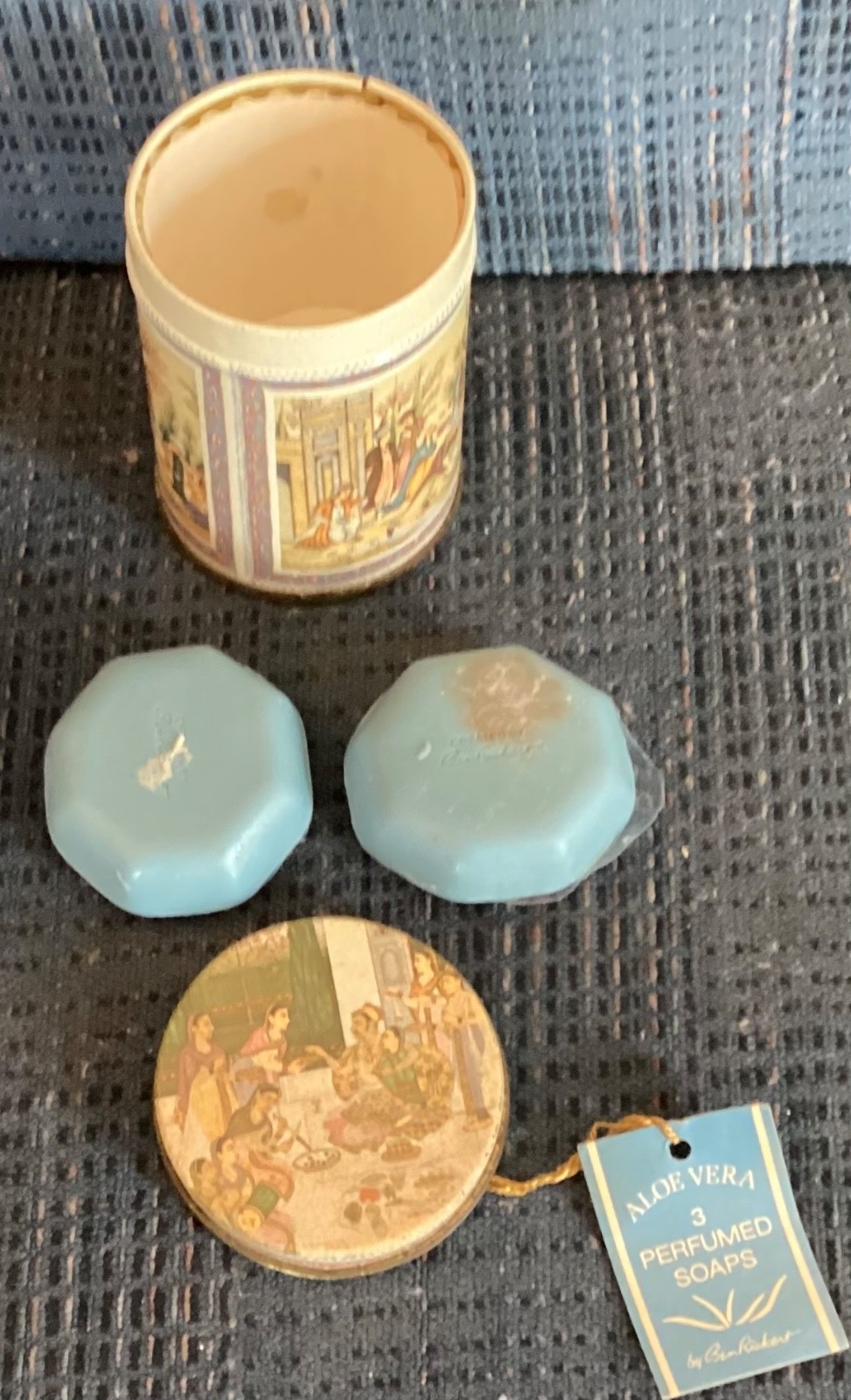 Ben Rickert ALOE VERA 2 Perfumed Soap Bars/Persian Art Canister 3.5 oz Tags Rare