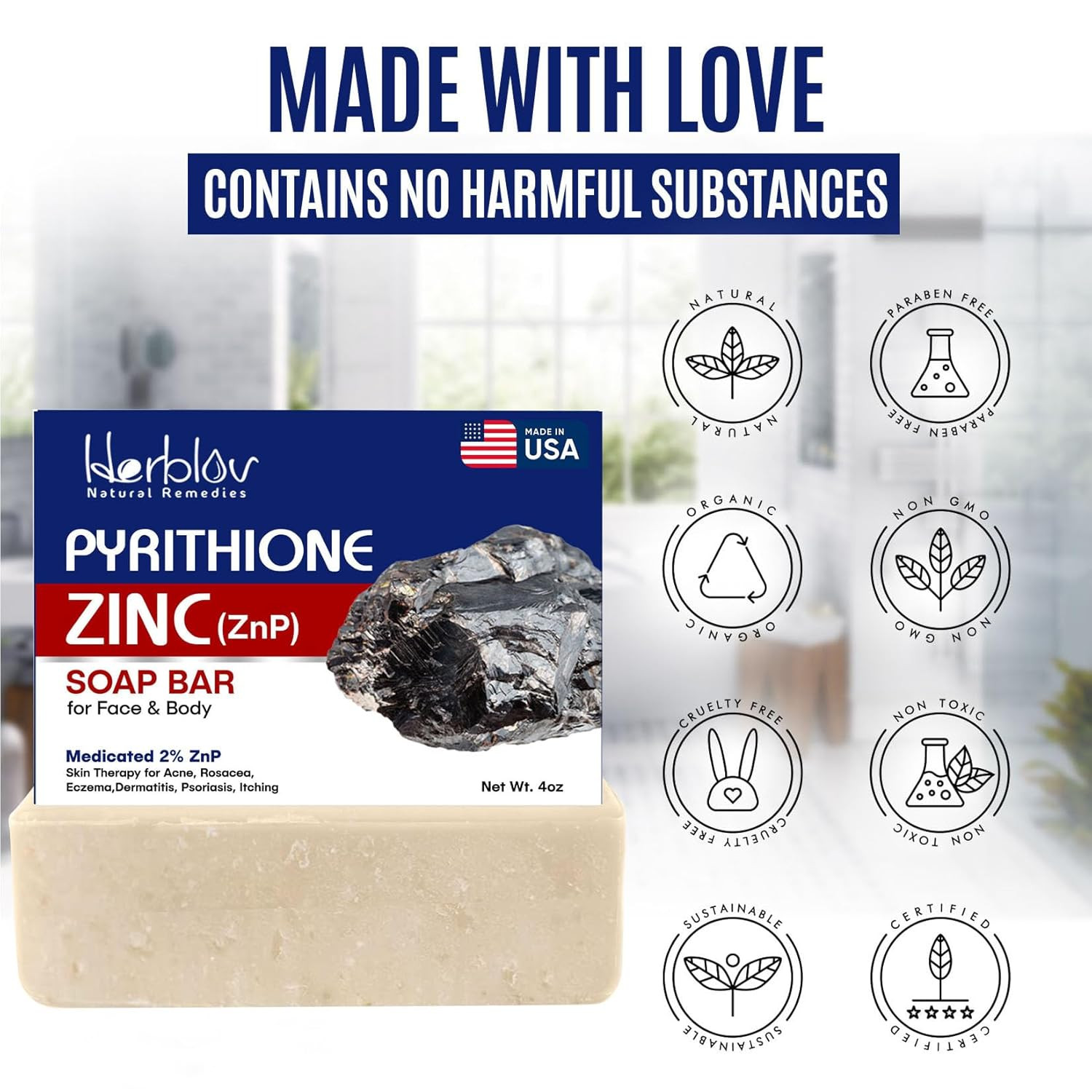 Pyrithione Zinc Soap Bar for Face & Body, 4Oz | 2% Znp Bar Soap Skin Therapy Cle