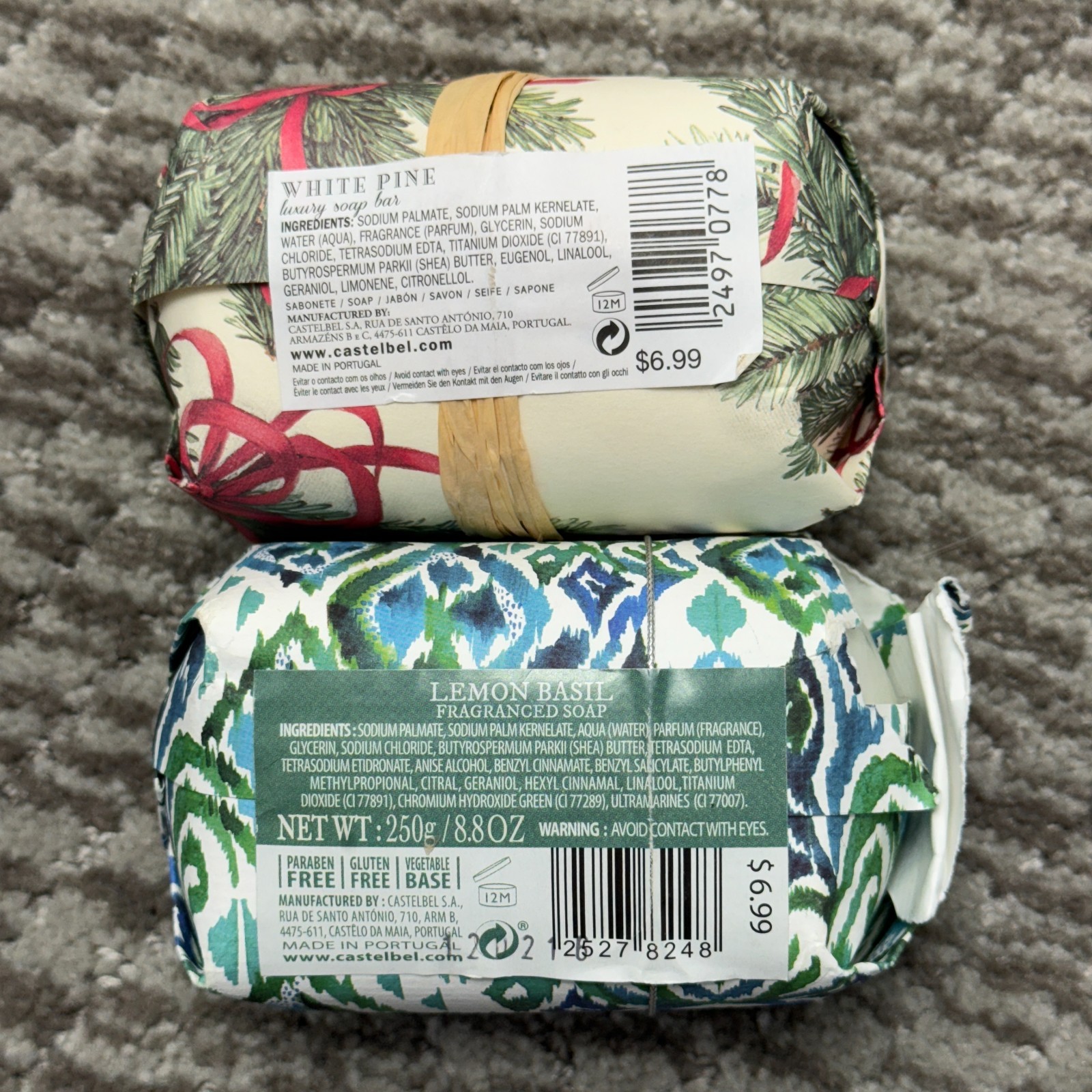 2 CASTELBEL 8.8oz Bar Soap Lemon Basil & White Pine Triple Milled Portugal