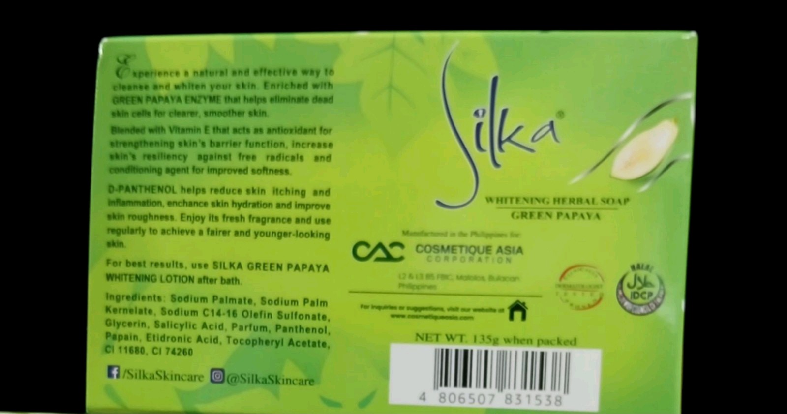 Silka Whitening Herbal Green Papaya Soap with VitaRich Actives 135g (Lot of 2)