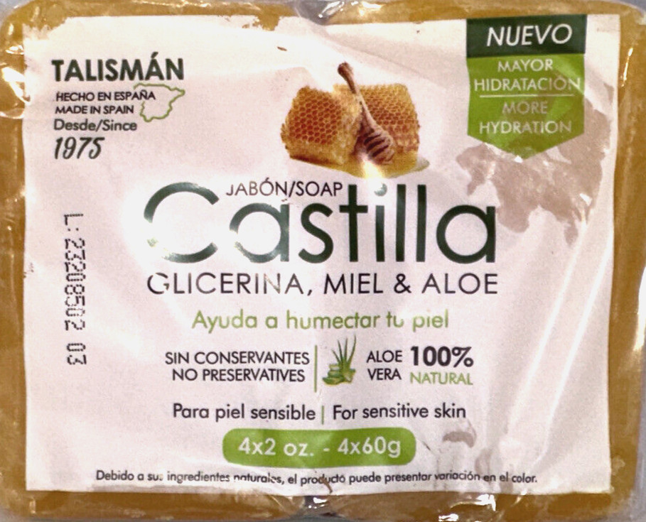 (4) bars Pack Castile Glycerin, Honey & Aloe Talisman Jabon Castilla Miel 2oz