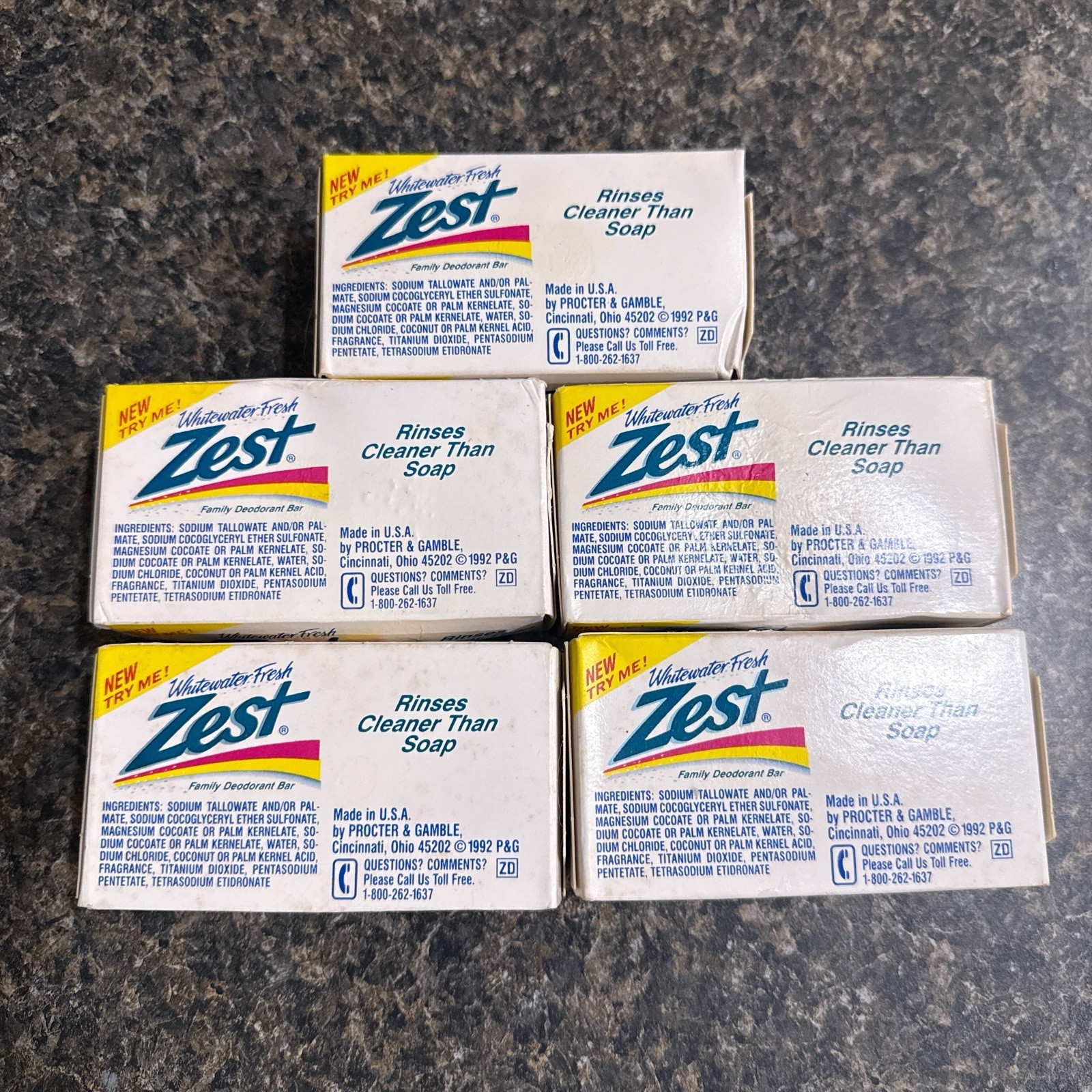 1992 ZEST Whitewater Fresh Deodorant Soap 5 x Bath 3.2oz Bars SEALED