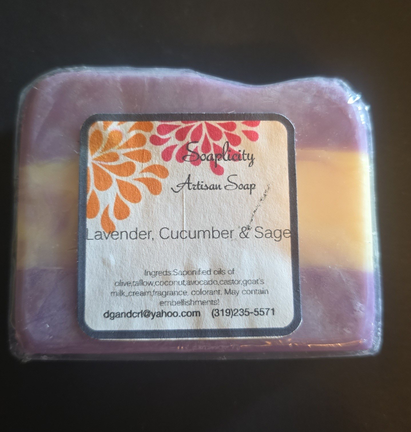 NEW Lavender Cucumber Sage Artisan Soap 1 Bar Purple & Off White Swirl