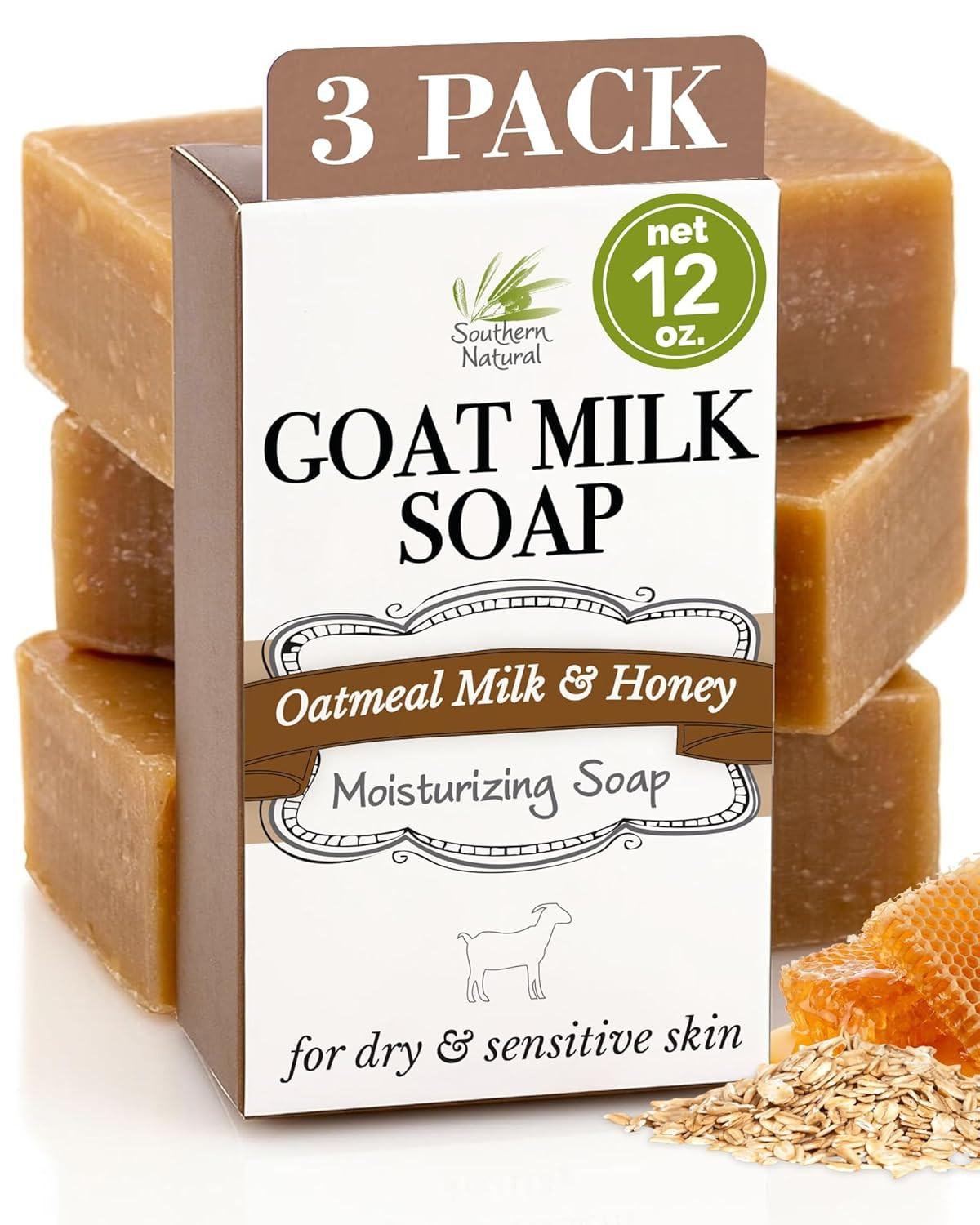 Goat Milk Soap Bar – Oatmeal Milk & Honey 3 Pack – for Dry Sensitive Skin. Natur