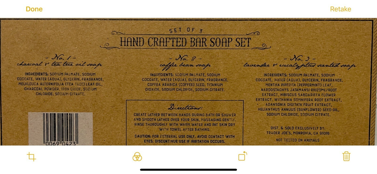 QUANITY 2 Trader Joes Bar Soap Sets of 3 Charcoal, Coffee Bean & Lavender 069042