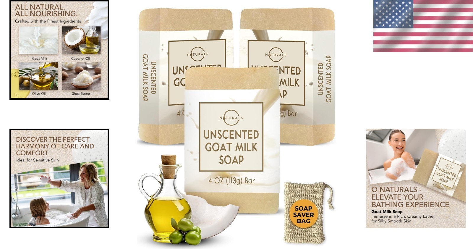 Triple-Milled Goat Milk Soap Set – Unscented Luxury with Soap Saver Bag