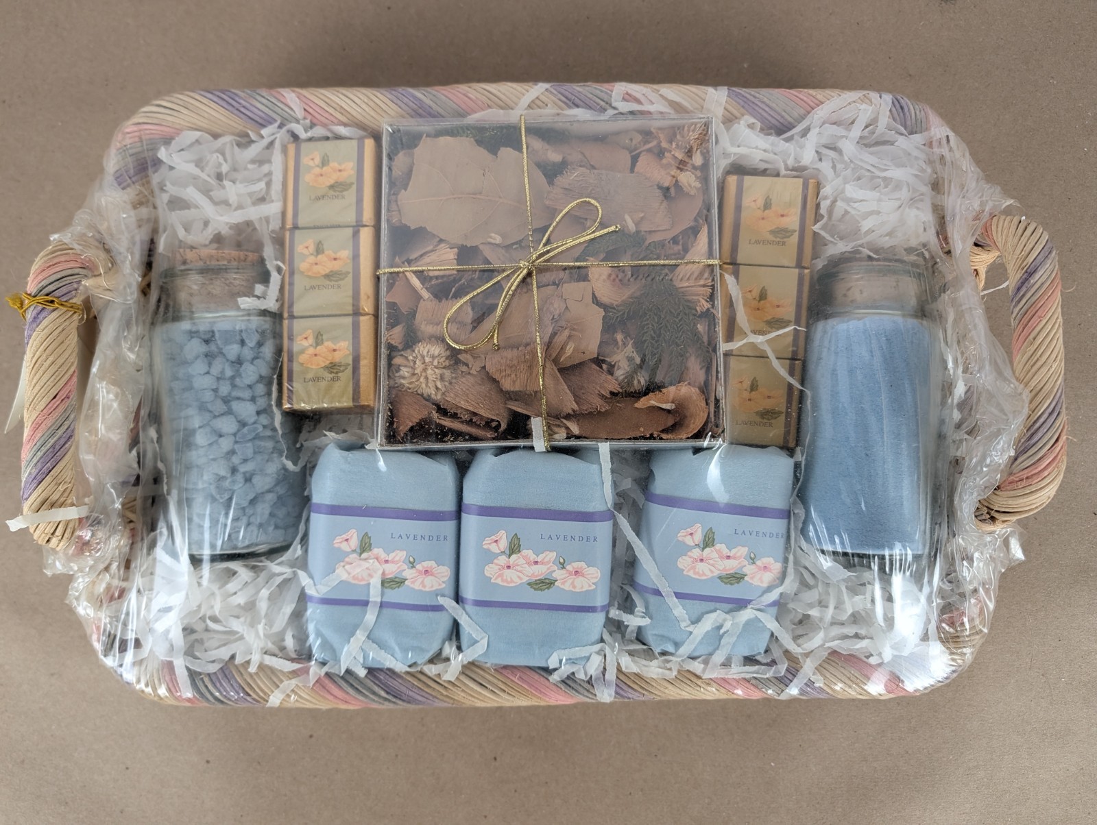 NOS Ben Rickert Gift Basket Floral Hostess Tray Lavender Soap Bath Potpurri USA
