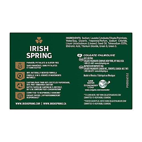 Irish Spring Original Deodorant Bar Soap 24 Hour Protection 3.75 Ounce 8 Count