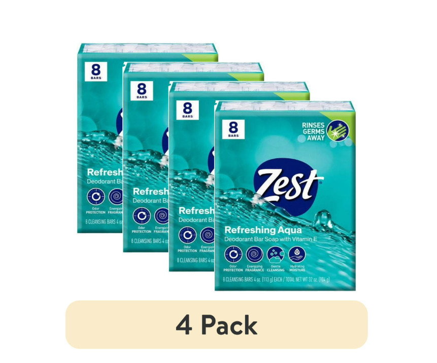 Zest Deodorant Bar Soap, Hydrating Moisture for All Skin Types, Aqua, 4 oz, 4PK
