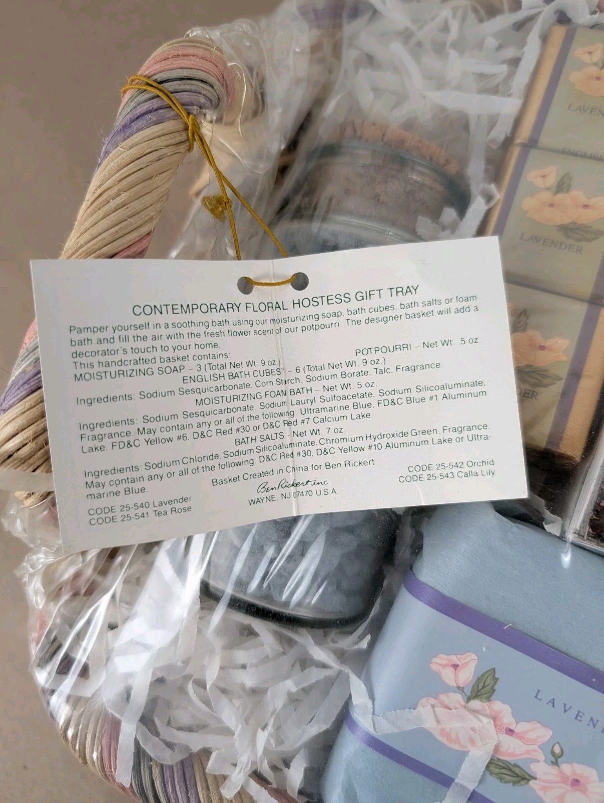 NOS Ben Rickert Gift Basket Floral Hostess Tray Lavender Soap Bath Potpurri USA