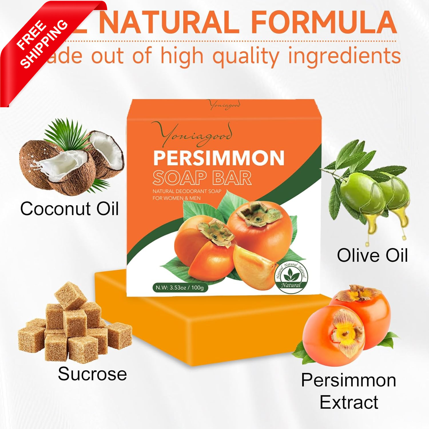 3 PCS Persimmon Soap Bar for Body Odor Control, Natural Refreshing Body Bar Soap