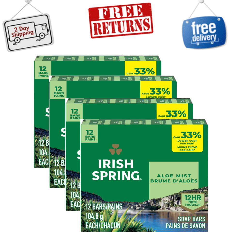 Irish Spring Aloe Mist Deodorant Men’s Bar Soap 3.7oz, Bulk Pack 48 Bars Total