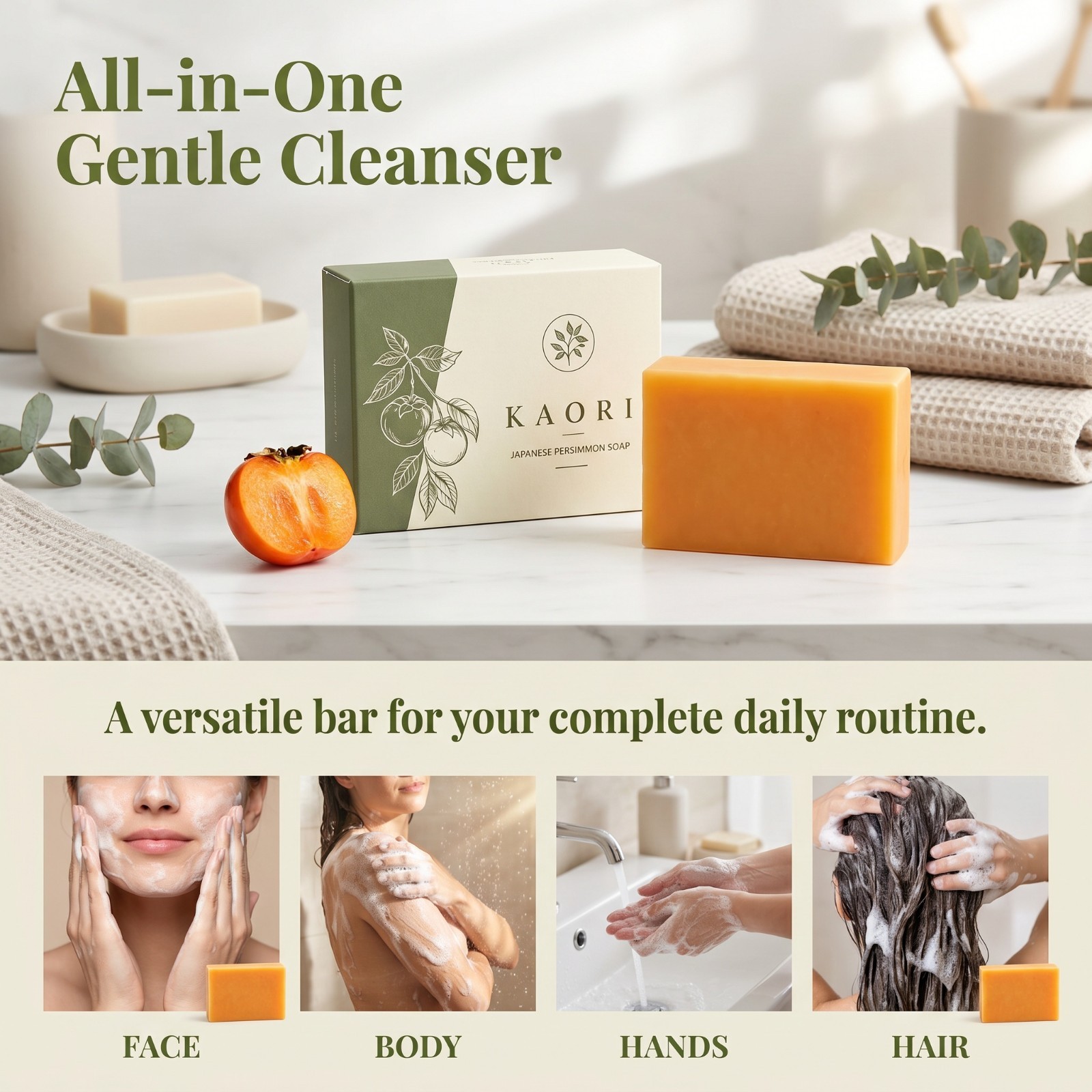 Kaori Persimmon Soap Bar Natural Odor Care for Mature Skin Daily Cleansing