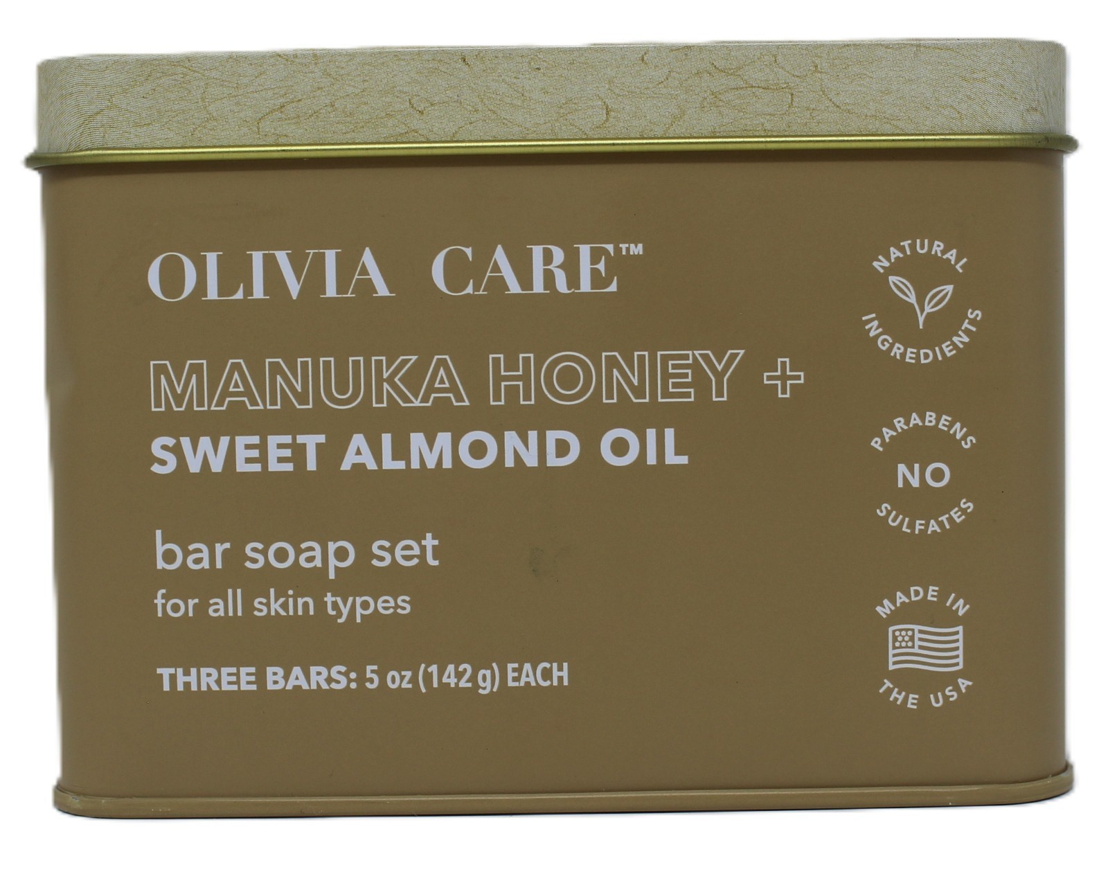 Olivia Care Soap Manuka Honey & Sweet Almond Oil 5 oz Set of 3 Bars New in Tin