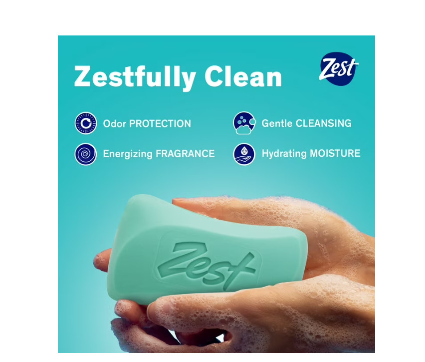 Zest Deodorant Bar Soap, Hydrating Moisture for All Skin Types, Aqua, 4 oz, 4PK
