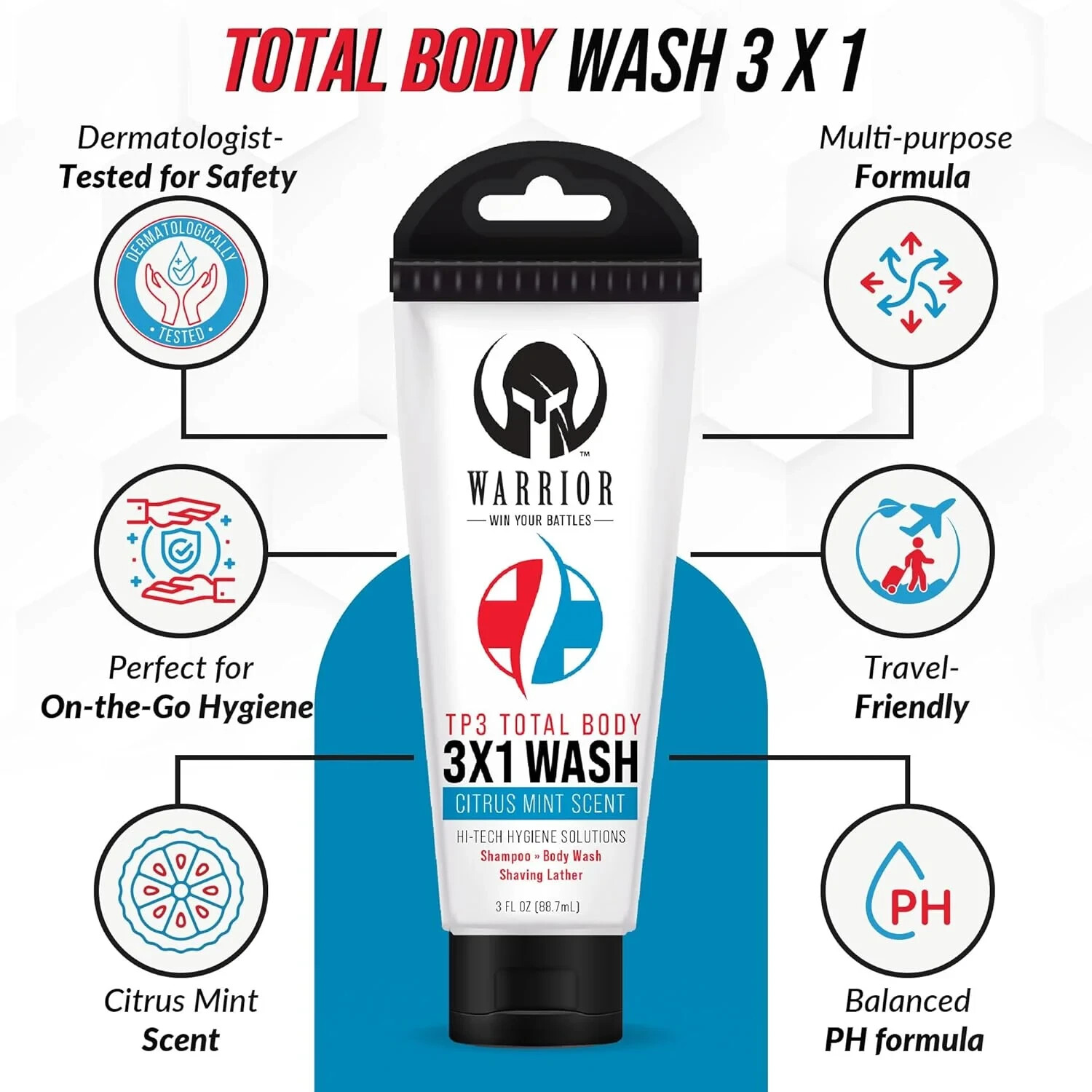 Warrior 3 in 1 Body Wash For Men Women Travel Size Liquid Soap Citrus Mint 2Pack