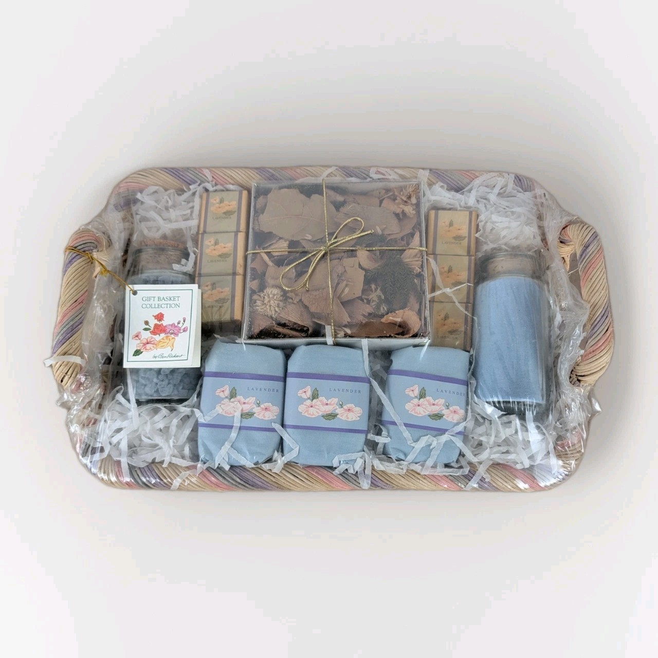 NOS Ben Rickert Gift Basket Floral Hostess Tray Lavender Soap Bath Potpurri USA