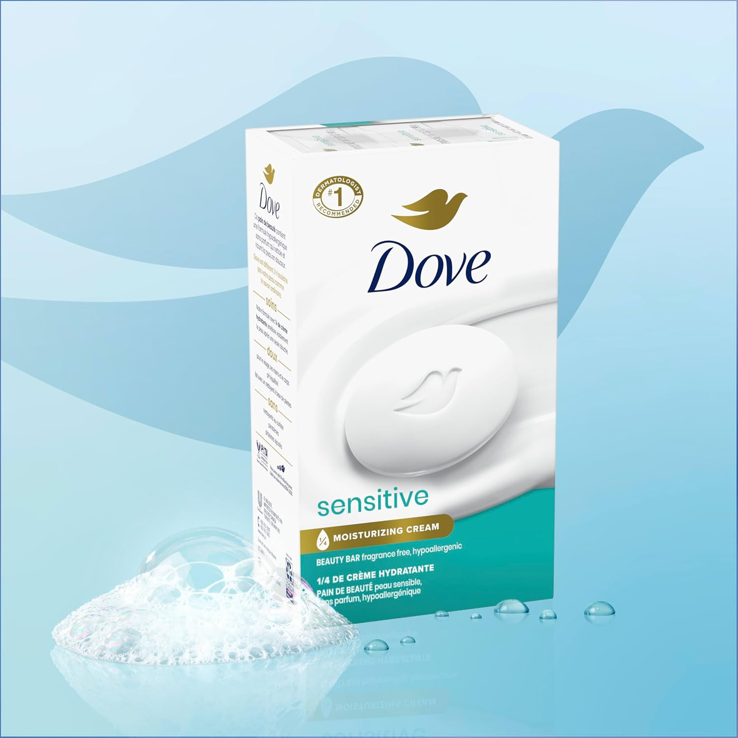 Dove Beauty Bar Soap Sensitive, 8 Bars for Sensitive Skin, Fragrance Free and Hy