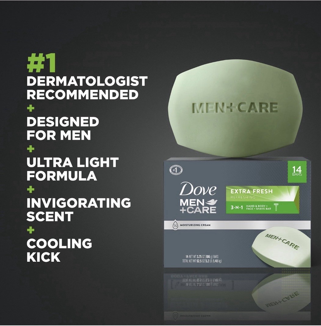 Dove Men Care Extra Fresh 3-in-1 Bar Soap 14 Pack Body Face Shave 3.75 oz Bulk