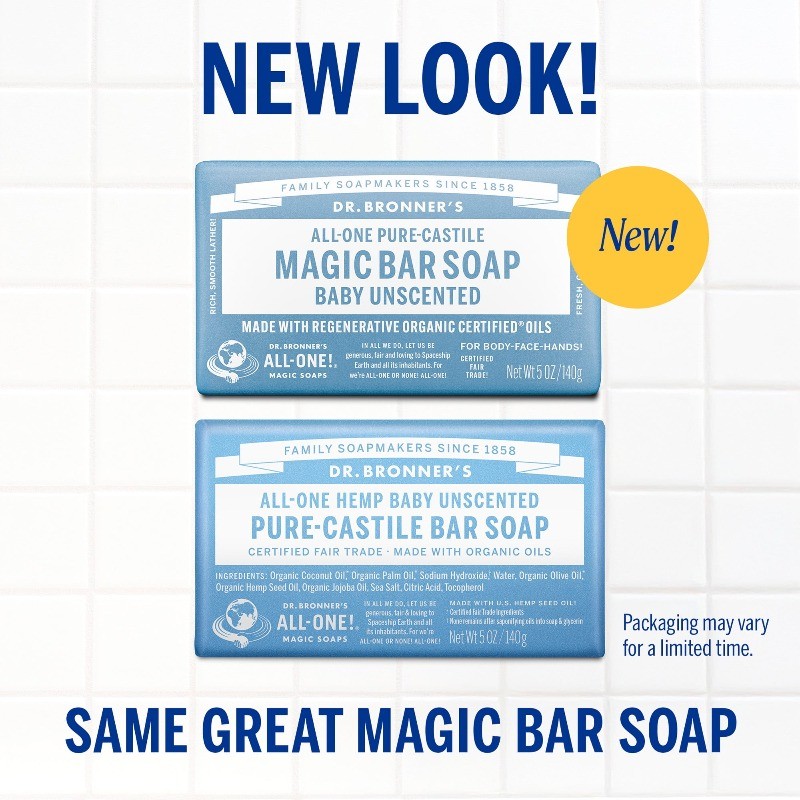 (2 pack) Dr. Bronner’s Magic Bar Soap ,Baby Unscented -5 oz-for face,body, hands
