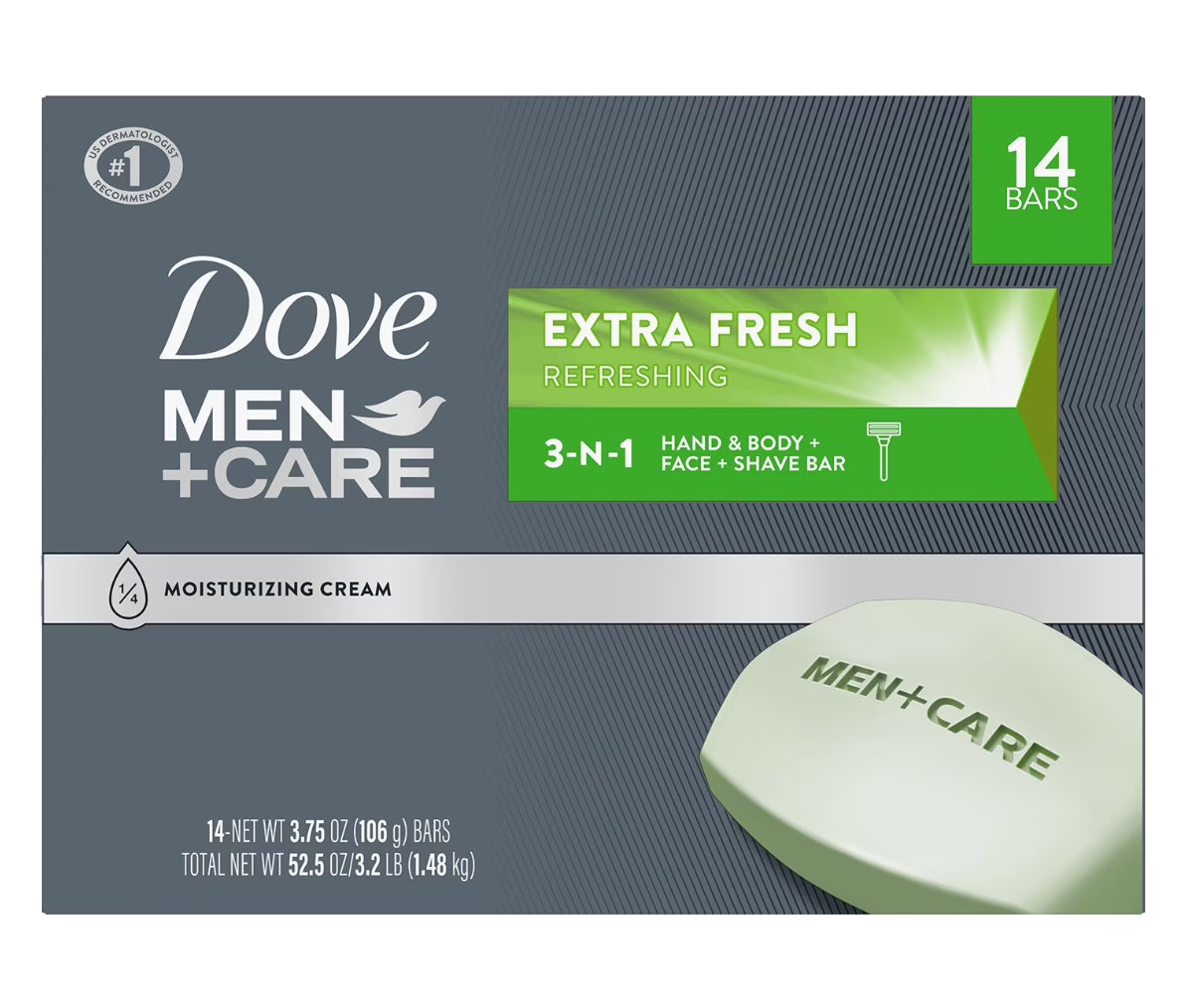 Dove Men Care Extra Fresh Bar Soap 14 Bars 3-in-1 Body Face Shave Hydrating Clea