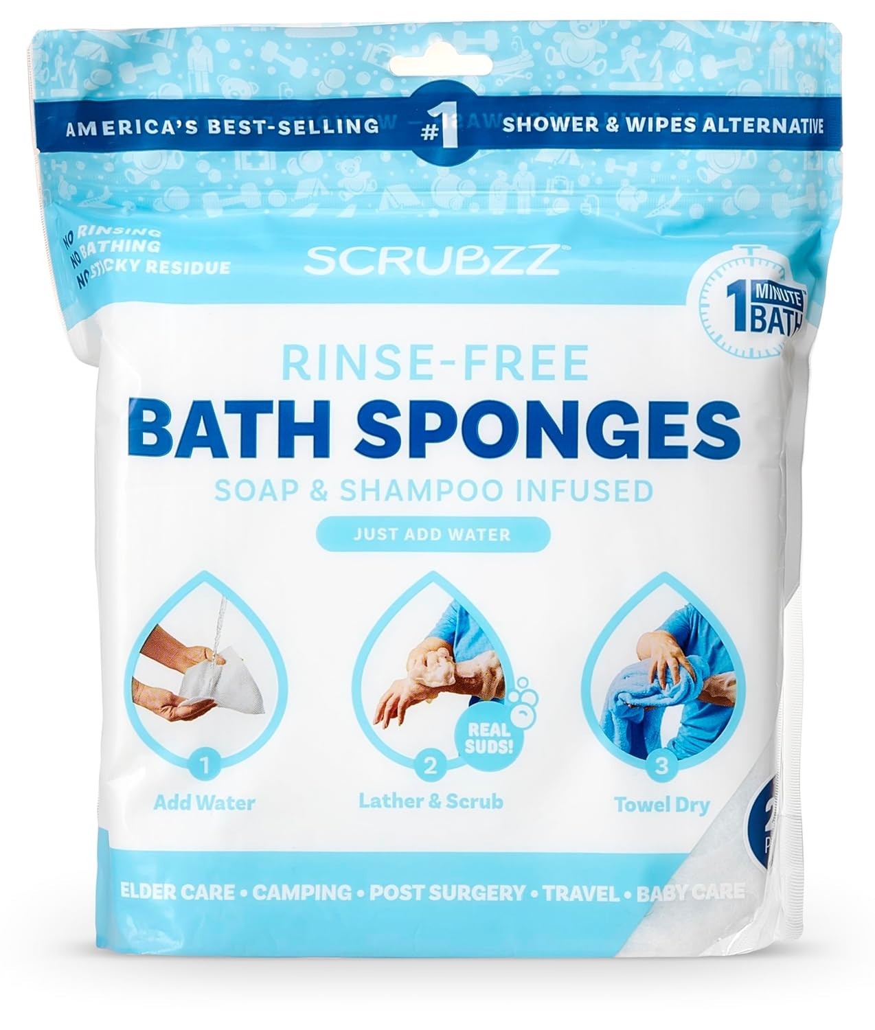 Scrubzz Disposable Rinse Free Bathing Wipes – 25 Pack All-in-1 Single Use Shower