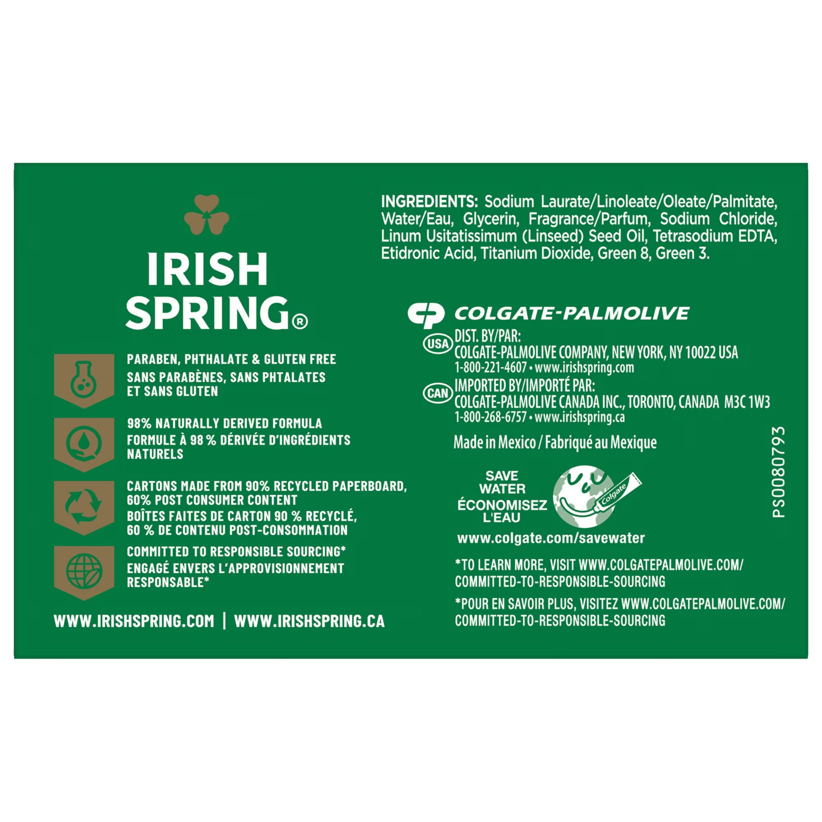 Irish Spring Original Clean Bar Soap for Men, 20 ct./4 oz. NO SHIP TO CA