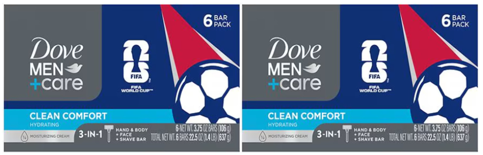 Dove Men +Care FIFA EDT. CLEAN COMFORT Hydrating Bar Soap 6 Ct-Lot of 2=12 Bars