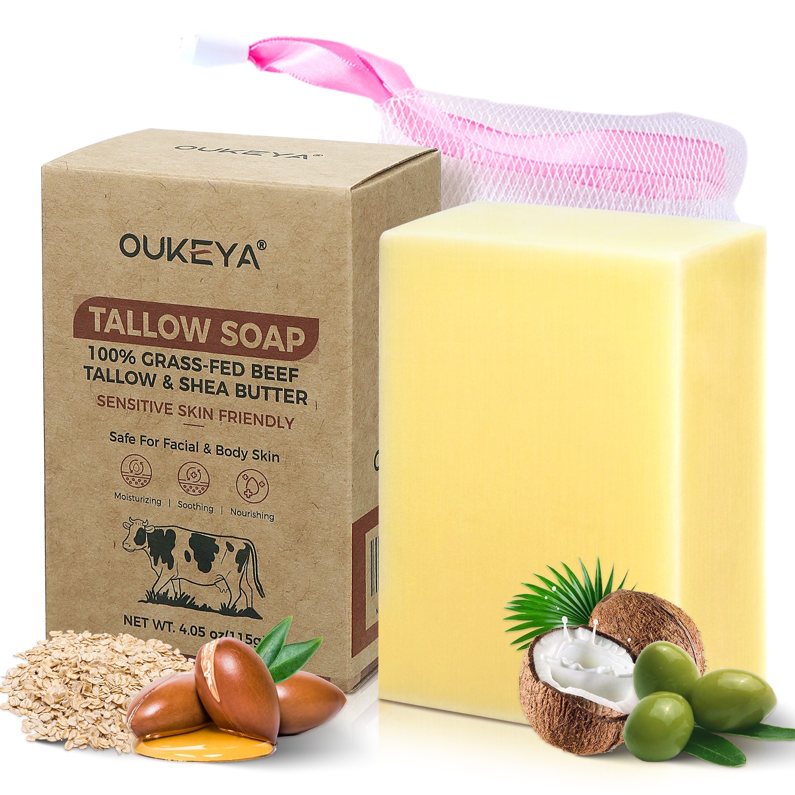 OUKEYA Grass Fed Beef Tallow Soap Gentle Cleansing & Moisturizing For Face, Body