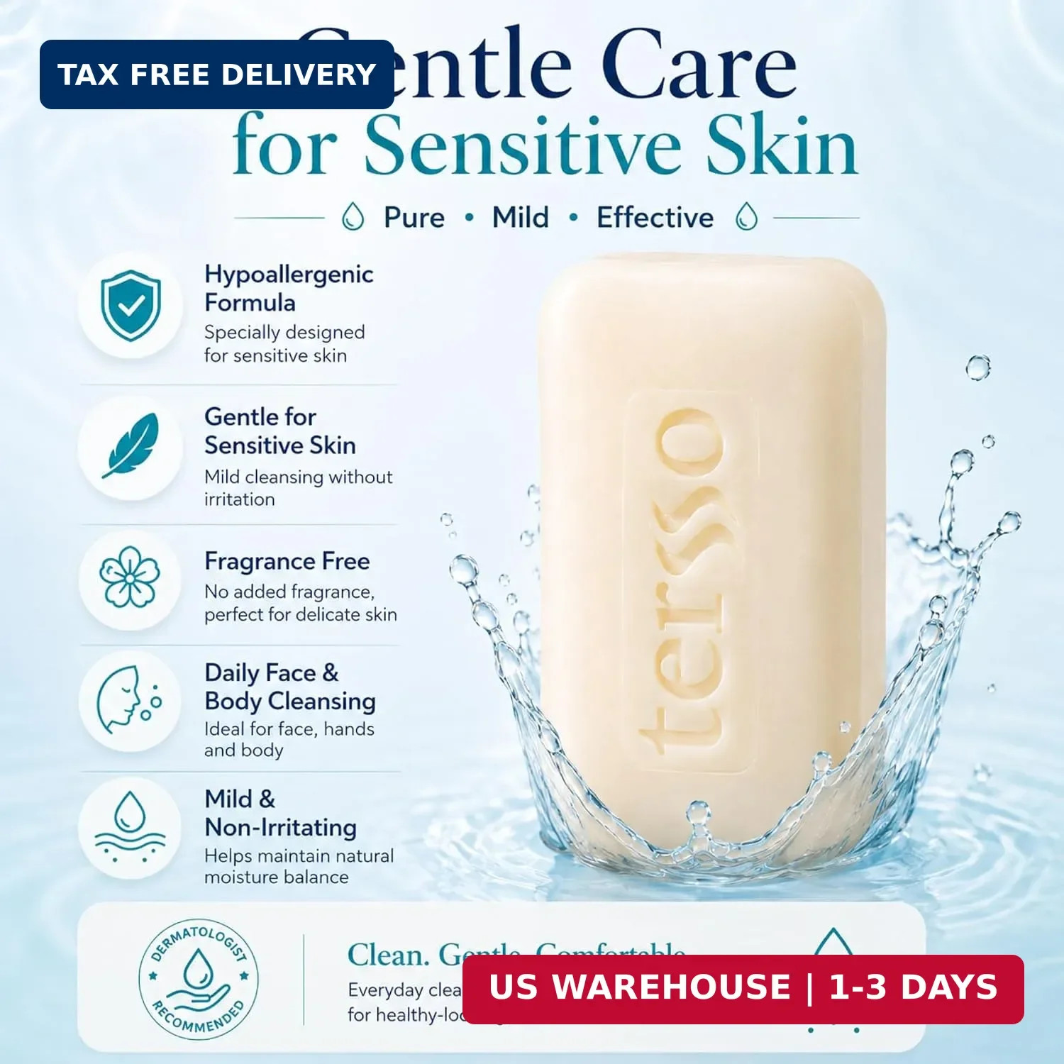 Tersso Hypoallergenic Neutral Soap Bar 120 g 3 Pack for Sensitive Skin, Gentle F