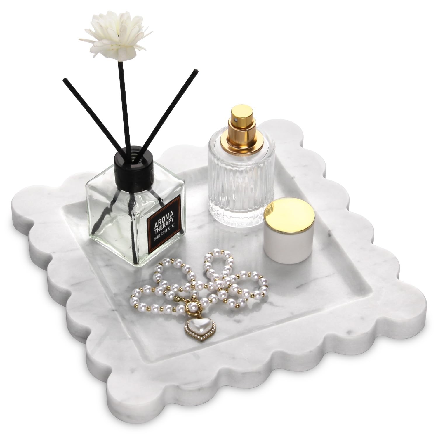 Square Marble Decorative Tray Scalloped Edge Natural Italian Stone 8×8