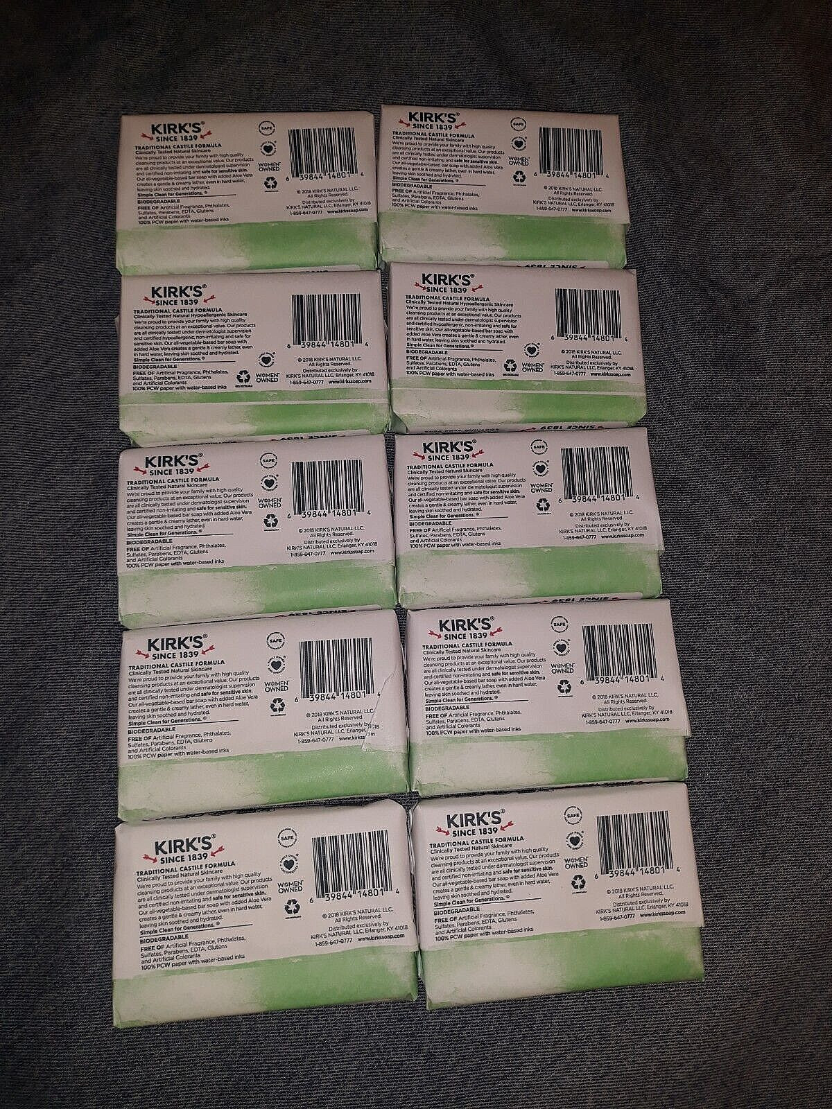 Kirk’s Original 100% Coconut Oil Castile Soothing Aloe Vera 4 Oz Soap Bars x10