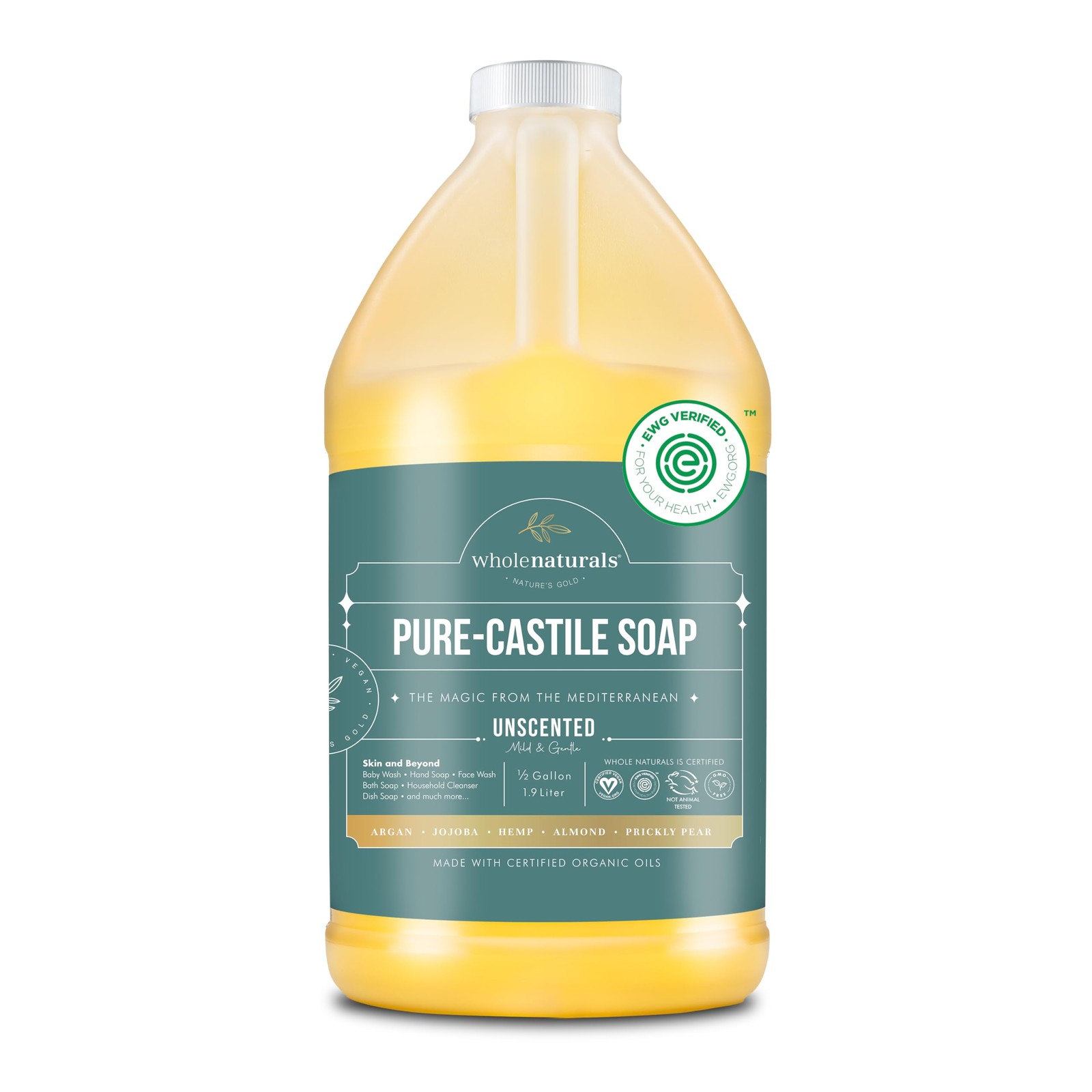 WHOLENATURALS Pure Castile Soap 64 Fl Oz Unscented Organic Vegan
