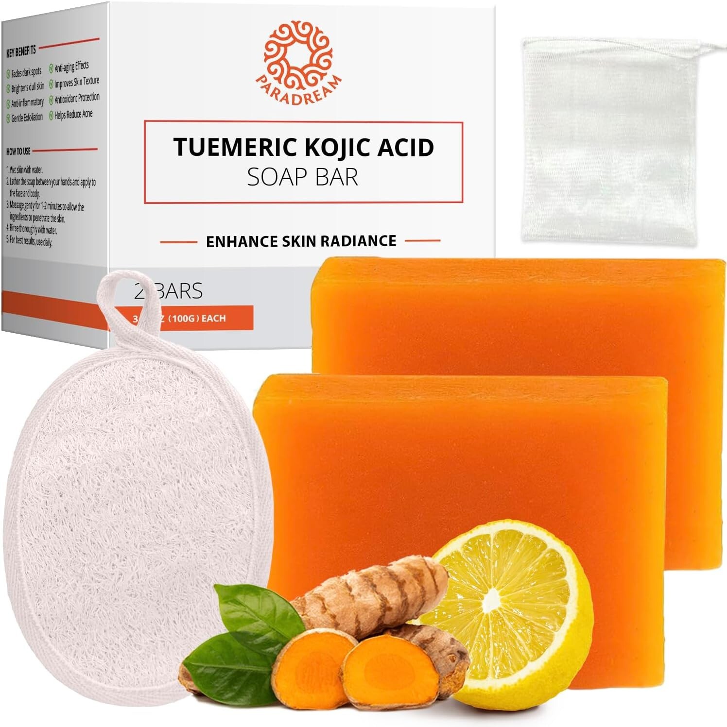 Kojic Acid Soap and Loofah Sponge Set: Soap Bar with Turmeric Vitamin C Retinol