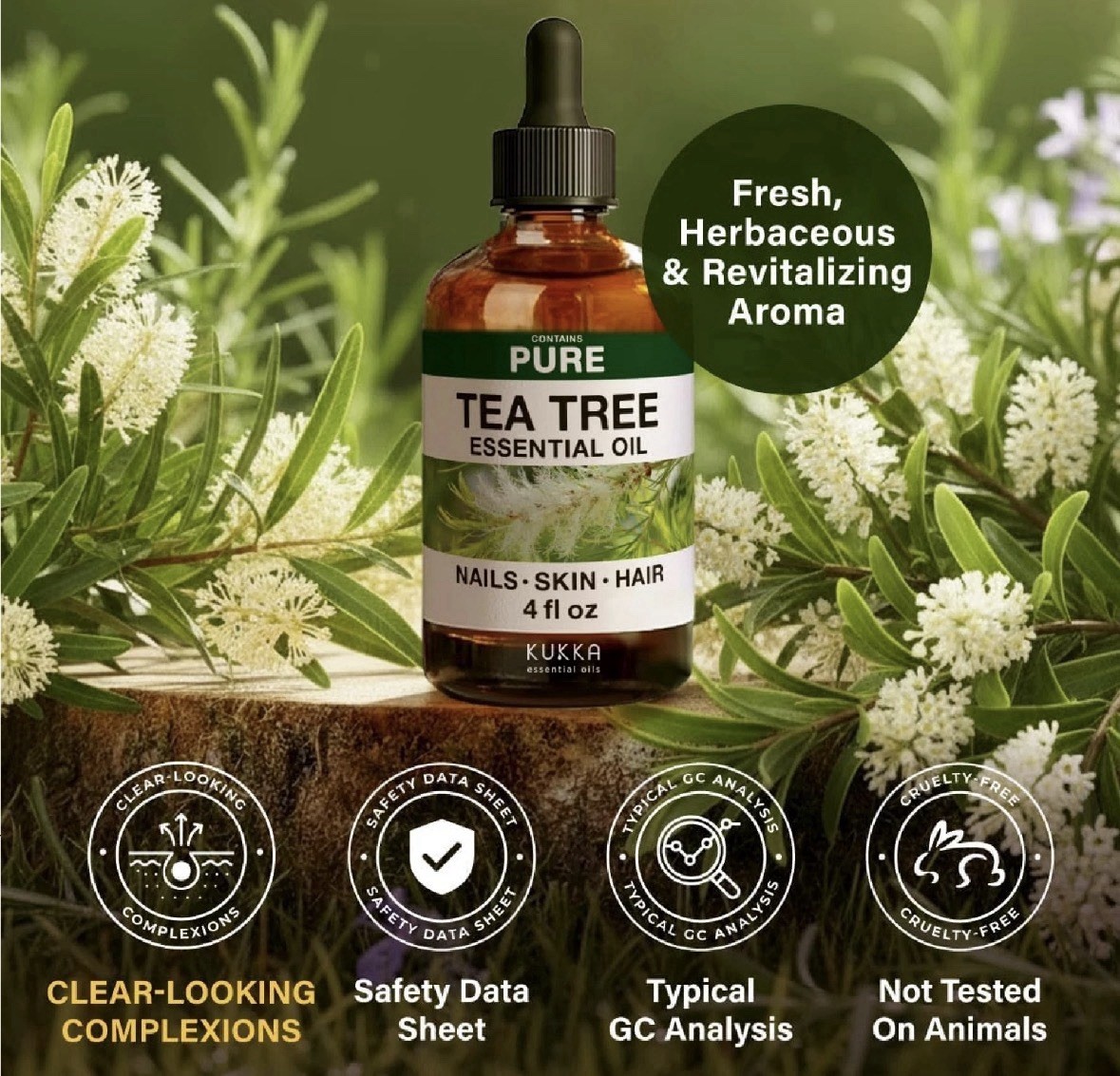 KUKKA Tea Tree Essential Oils – 4 Fl Oz – for Hair, Skin, Diffuser, Aromatherapy