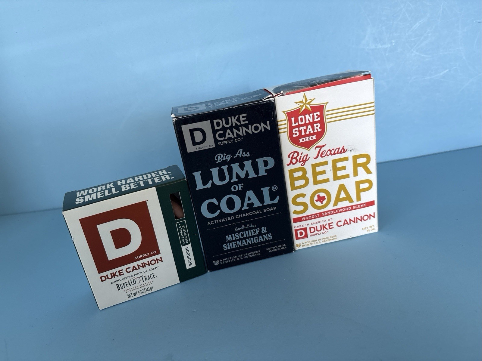 Duke Cannon Soap 3 Bar Lot Buffalo Trace Lone Star Beer Lump Of Coal NEW In box