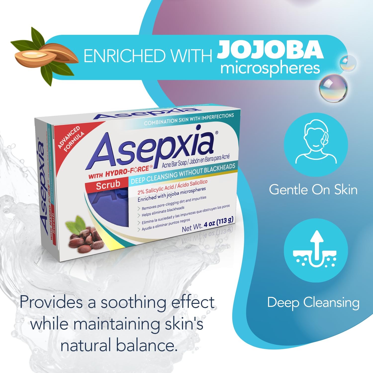 Asepxia Scrub Acne Bar Soap Deep Cleansing Blackheads, 4oz. (113g)
