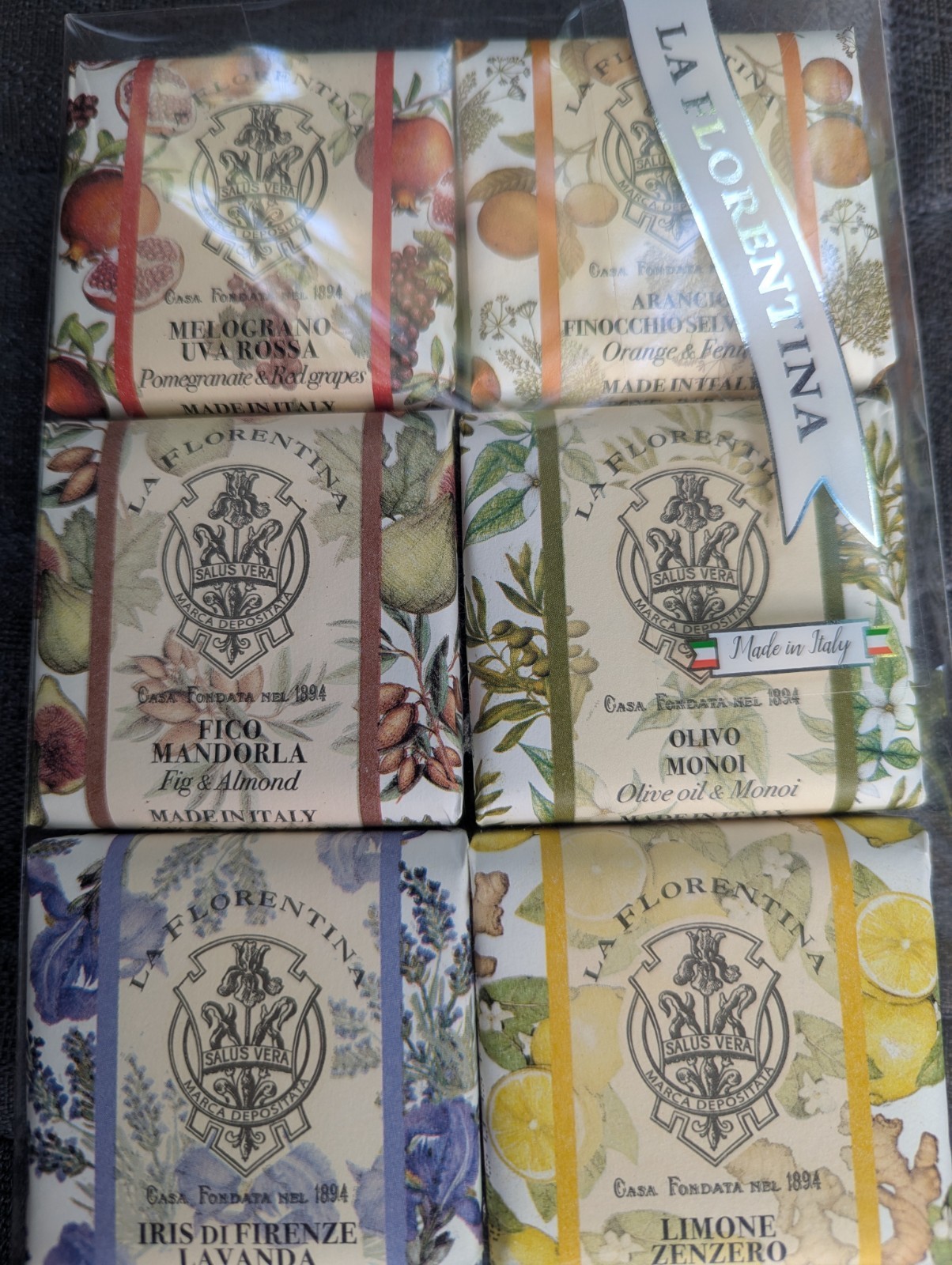 La Florentina Italian Luxury Bar Soap 6 Pk Fig Lemon Orange Olive Pomegranate