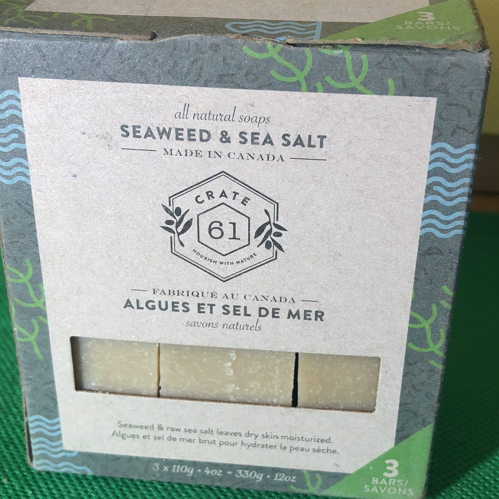 Crate 61 Soap SEAWEED & SEA SALT 3x4oz/110g total 330g/12oz 3 bars MadeInCanada